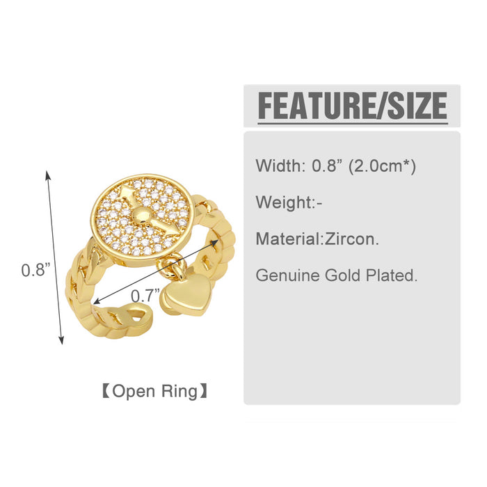 Wholesale Ring Copper Plated 18K Gold Zircon Clock Heart Shape Adjustable JDC-PREMAS-RS-001