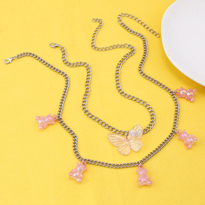 Wholesale Big Butterfly Clavicle Chain Female Jelly Color Cartoon Bear Pendant Necklace JDC-NE-WenB001