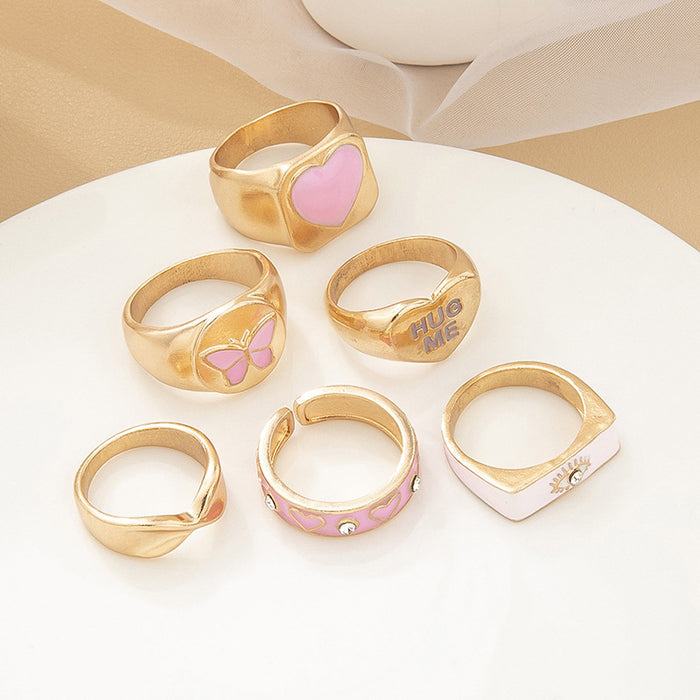 Wholesale Rings Alloy Exaggerated Heart Pink Butterfly Letters 6pcs Ring Set JDC-RS-Zhulong005