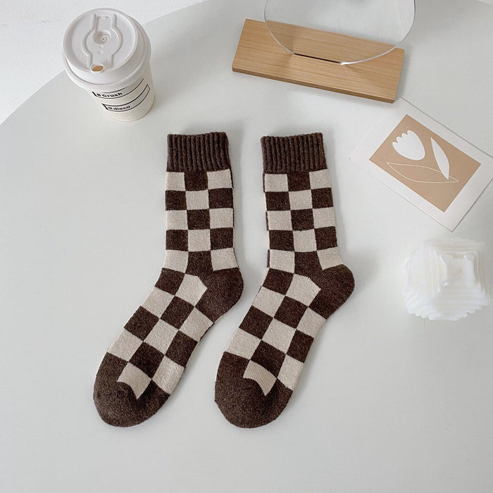 Wholesale Socks Wool Mid-Cylinder Warmth Thickened Checkered JDC-SK-ChangShen004