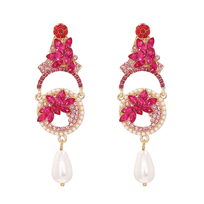 Wholesale Earrings Alloy Pink Diamond Floral Pearls JDC-ES-JJ364