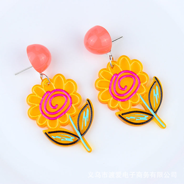 Wholesale Small Fresh Earrings Asymmetric Acrylic Embossed Printed Flowers MOQ≥2 JDC-ES-DUAI026