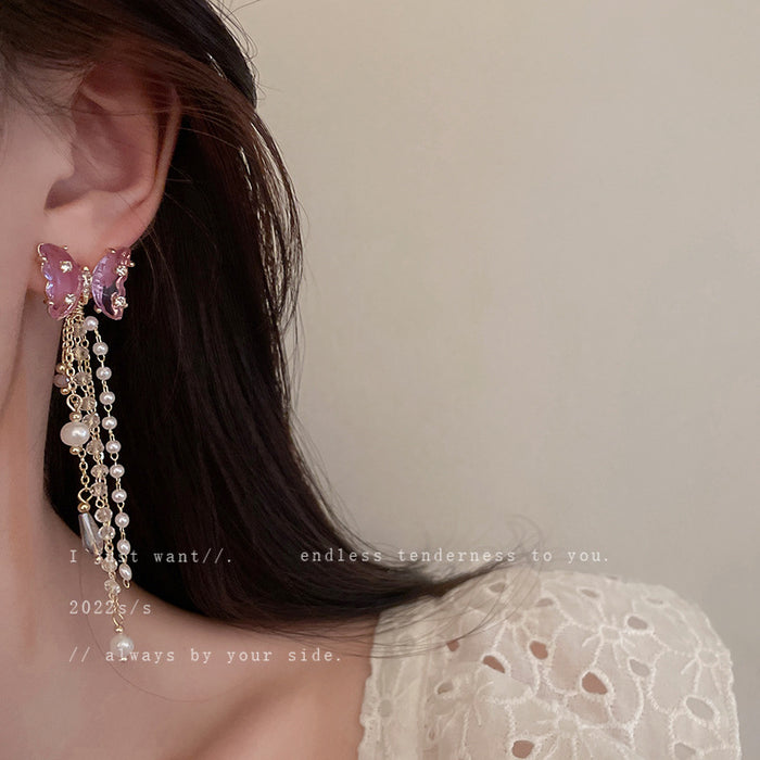 Wholesale Silver Post Diamond Zircon Pearl Butterfly Crystal Tassel Earrings JDC-ES-Fengm045