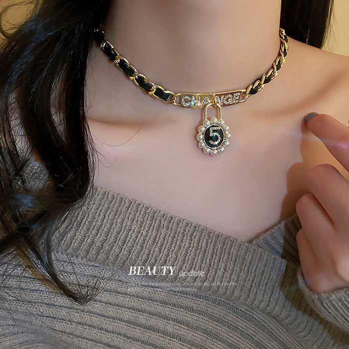 Wholesale Diamond Pearl Number Leather Braided Necklace JDC-NE-BY074