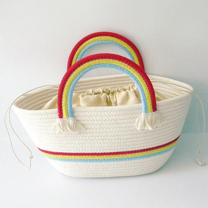 Wholesale rainbow handle woven bag cotton rope woven bag casual handbag JDC-HB-DeR001