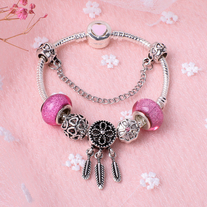 Wholesale Pink Glazed Alloy Zircon Dreamcatcher Bracelet JDC-BT-YouD004