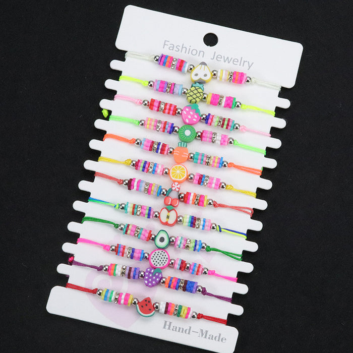 Wholesale 12PCS Soft Pottery Fruit Series Woven Colorful Children's Bracelet JDC-BT-Yiye019