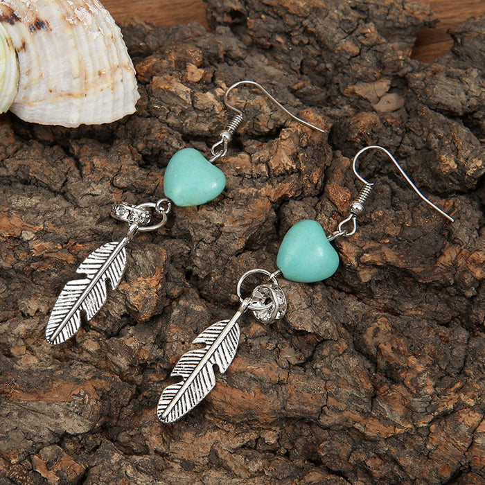 Wholesale Earrings Alloy Heart Shape Turquoise Feather Earrings JDC-ES-Saip072