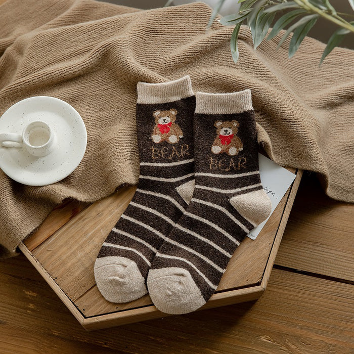 Wholesale Socks Wool Medium Tube Warm Thick Cartoon Striped Bear JDC-SK-ChangShen003