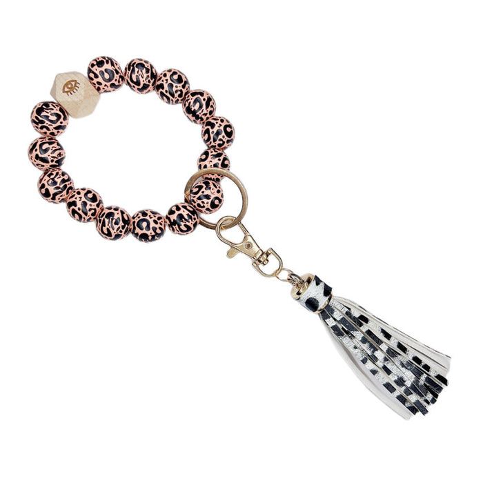 Jewelry WholesaleWholesale Leopard Wood Beaded PU Tassel Wrist Keychain JDC-KC-WuoD022 Keychains 沃铎 %variant_option1% %variant_option2% %variant_option3%  Factory Price JoyasDeChina Joyas De China