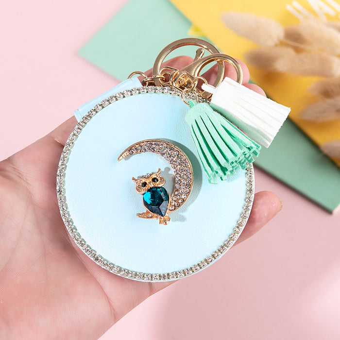 Jewelry WholesaleWholesale Round PU Leather Small Mirror Tassel Jeweled Owl Keychain MOQ≥2 JDC-KC-BenX002 Keychains 本勋 %variant_option1% %variant_option2% %variant_option3%  Factory Price JoyasDeChina Joyas De China