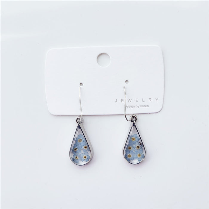 Wholesale teardrop shaped dried flower earrings blue forget me not JDC-ES-byi003