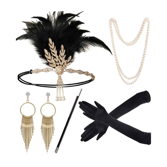 Wholesale Clothes Gatsby Party Feather Headband Pearl Necklace Set MOQ≥10 JDC-CTS-LangDao002