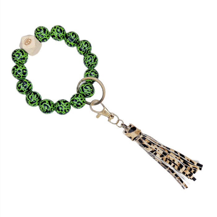 Jewelry WholesaleWholesale Leopard Wood Beaded PU Tassel Wrist Keychain JDC-KC-WuoD022 Keychains 沃铎 %variant_option1% %variant_option2% %variant_option3%  Factory Price JoyasDeChina Joyas De China