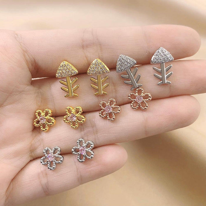 Wholesale Earrings Copper Five Petal Flower Fishbone Zirconia Stud Earrings MOQ≥2 JDC-ES-FoXi003