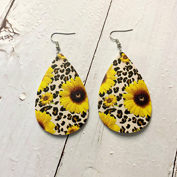 Wholesale Earrings Leather Leopard Sunflower Print Earrings 2 pairs JDC-ES-Qunyi015