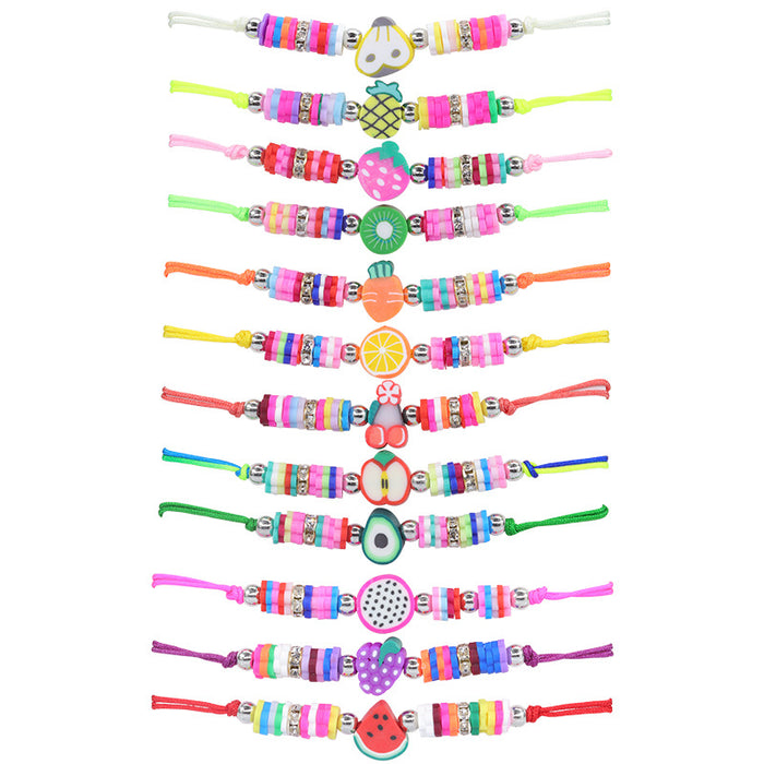 Wholesale 12PCS Soft Pottery Fruit Series Woven Colorful Children's Bracelet JDC-BT-Yiye019