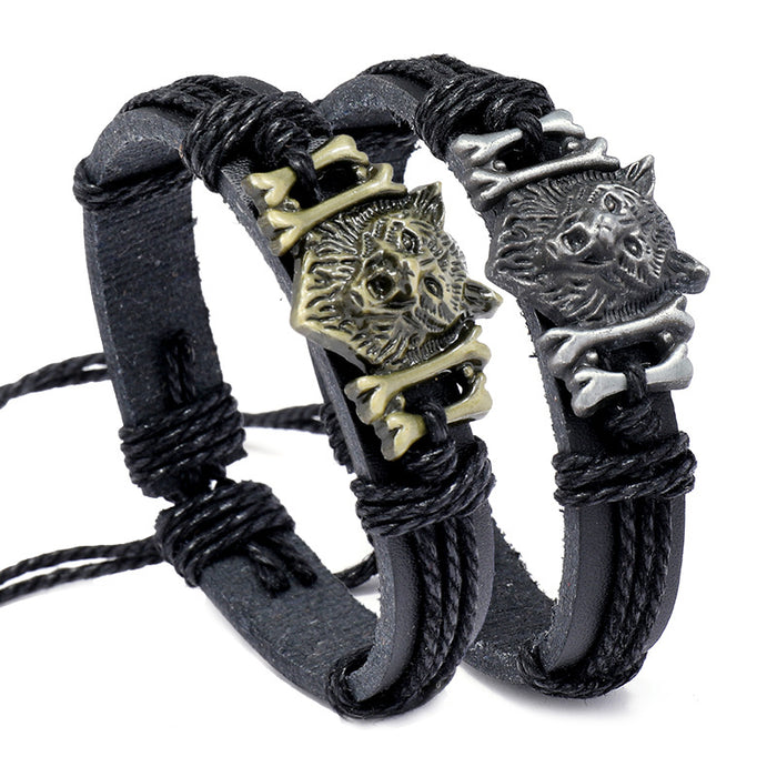 Wholesale Vintage Braided Leather Alloy Wolf Head Leather Bracelet JDC-BT-SaiH012