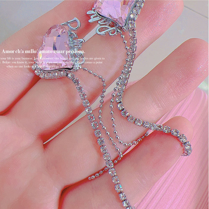 Wholesale Pink Heart Tassel Silver Needle Alloy Earrings JDC-ES-Qiant004