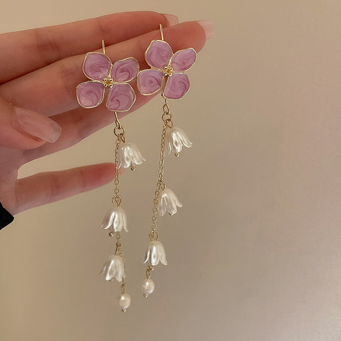 Wholesale crystal purple lily of the valley pearl tassel earrings JDC-ES-Fengm052