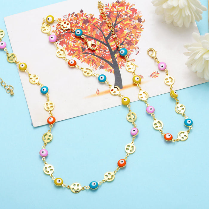 Wholesale Bracelet Copper Color Drop Oil Eyes Smiley Mosaic Necklace Set JDC-BT-AS163