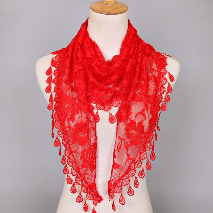 Wholesale Nylon Lace Triangular Scarf Rose Flower Tassel Triangle Scarf JDC-SF-WenJ002