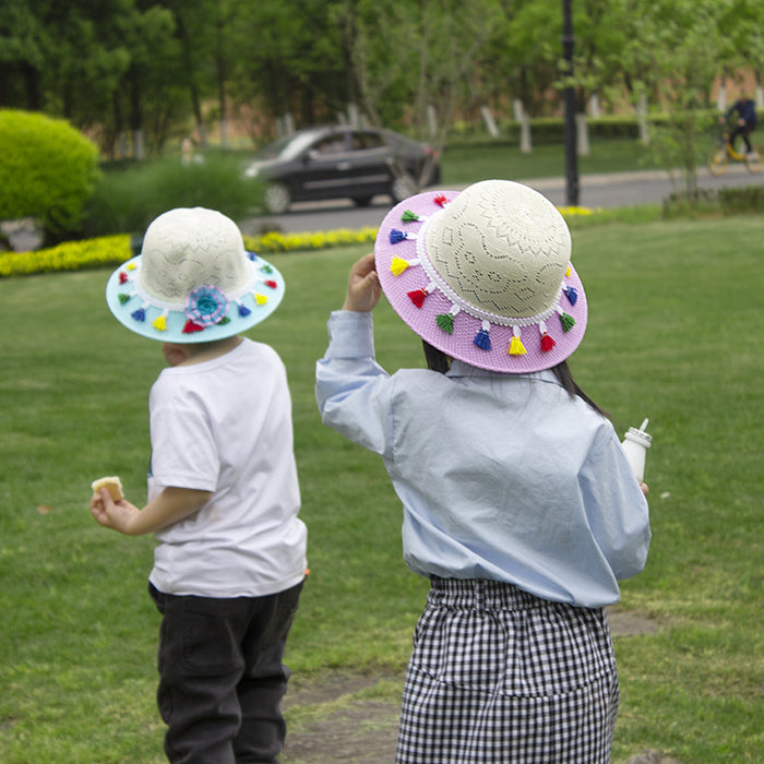 Wholesale Natural Papyrus Tassel Kids Sunscreen Sun Hat Straw Hat JDC-SH-ZYuan002