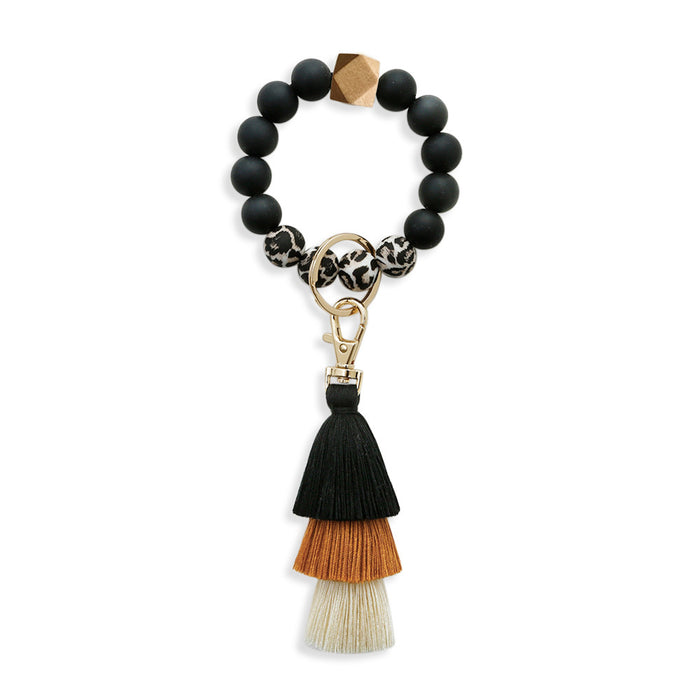 Wholesale Leopard Print Silicone Beaded Kapok Thread Tassel Wristlet Keychain JDC-KC-JM039