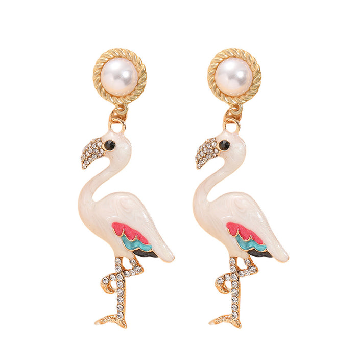 Wholesale Earrings Alloy Enamel White Crane Pendant Pearl Stud Earrings MOQ≥2 JDC-ES-JUYAO011