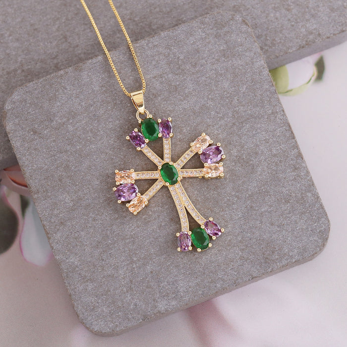 Wholesale Copper Micro Inlaid Zircon Cross Pendant Personality 18K Gold Necklace JDC-NE-Bingm021