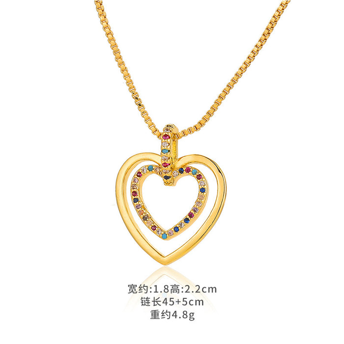 Wholesale Fashion Colorful Brass 18k Gold Zircon Peach Heart Double Layer Necklace JDC-NE-DRY003