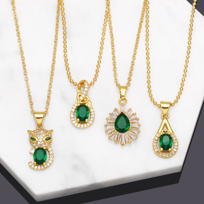 Wholesale Necklace Copper Plated 18K Gold Zircon Emerald Leopard Head JDC-PREMAS-NE-018