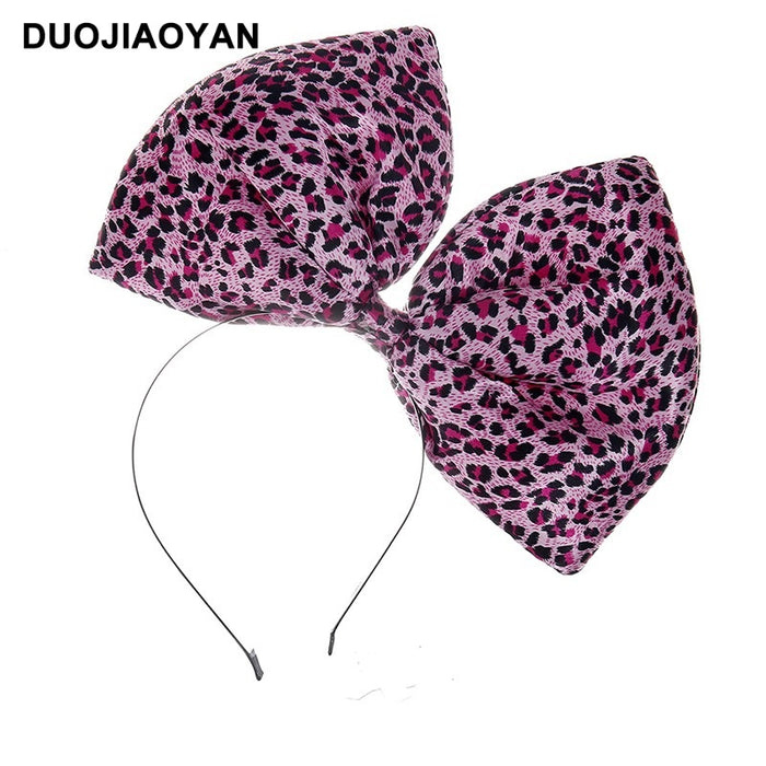 Wholesale Leopard Print Exaggerated Oversized Bow Satin Cloth Iron Headband MOQ≥3 JDC-HD-Jiaoy012