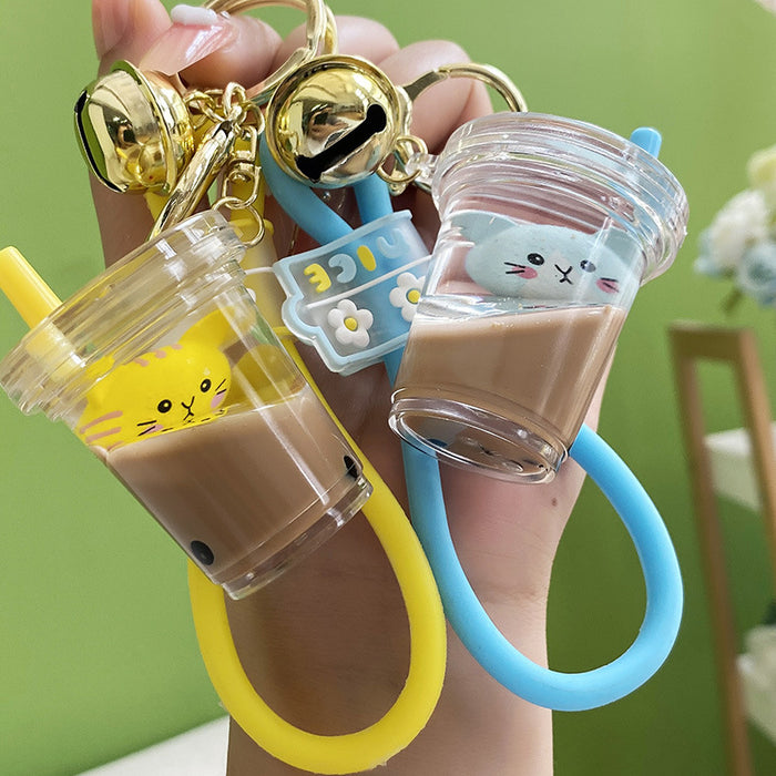 Wholesale Keychain Quicksand Bottle Floating Cat Milk Tea Cup Acrylic JDC-KC-WAN027