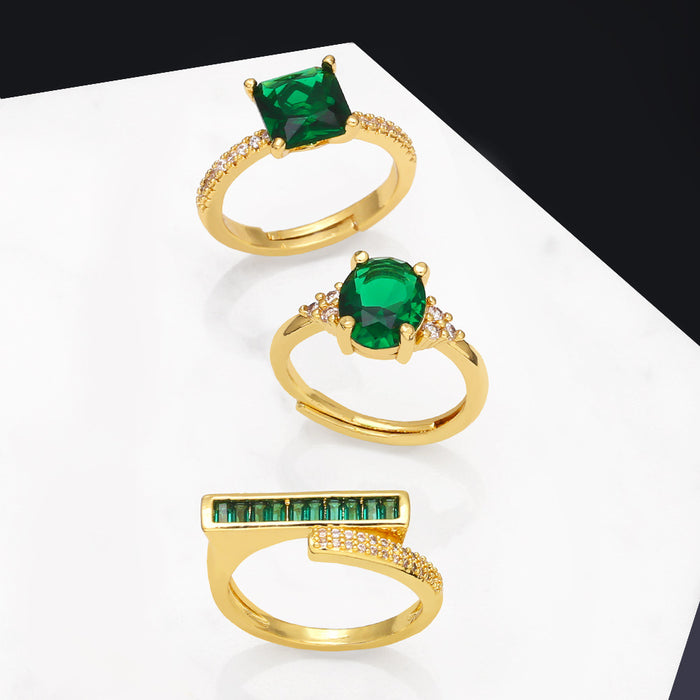 Wholesale Ring Copper Plated 18K Gold Zircon Emerald Square Adjustable JDC-PREMAS-RS-012