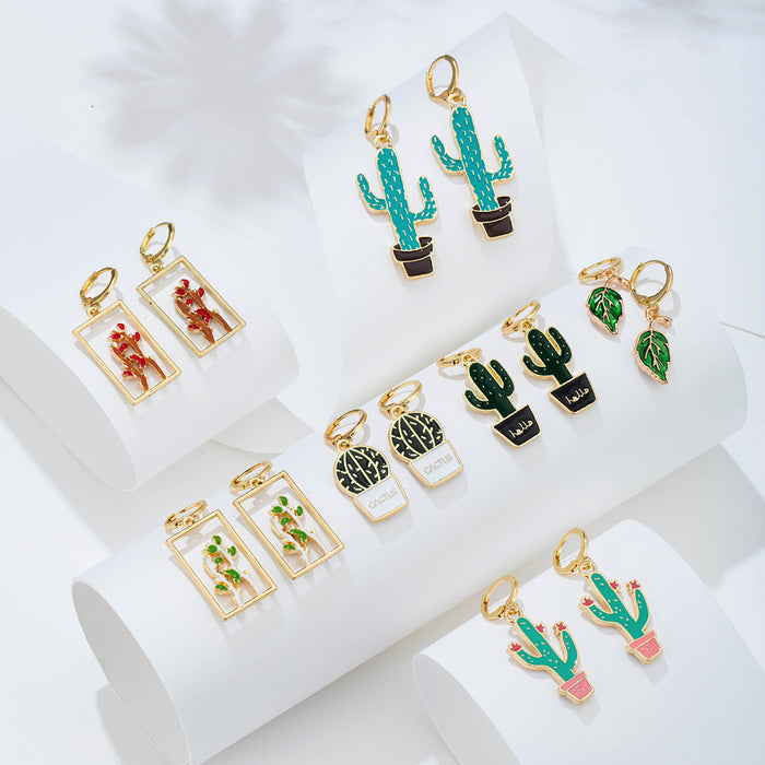 Wholesale Earrings Alloy Ceramic Cactus Geometric Plant Earrings MOQ≥2 JDC-ES-Yihan010