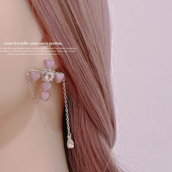 Wholesale Pink Heart Cross Silver Needle Alloy Earrings JDC-ES-Qiant007