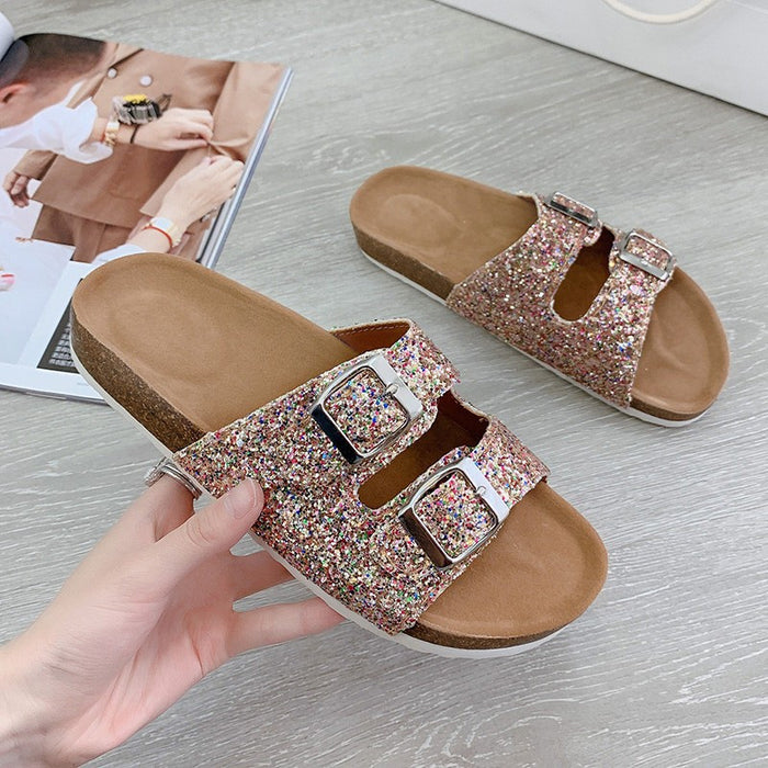 Wholesale Plus Size Cork Round Toe Trend Sequin Casual Flat Double Buckle Sandals JDC-SD-ChunC001