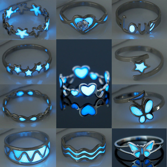 Wholesale Zircon Stainless Steel Heart Butterfly Blue Luminous Ring MOQ≥2 JDC-RS-DB001