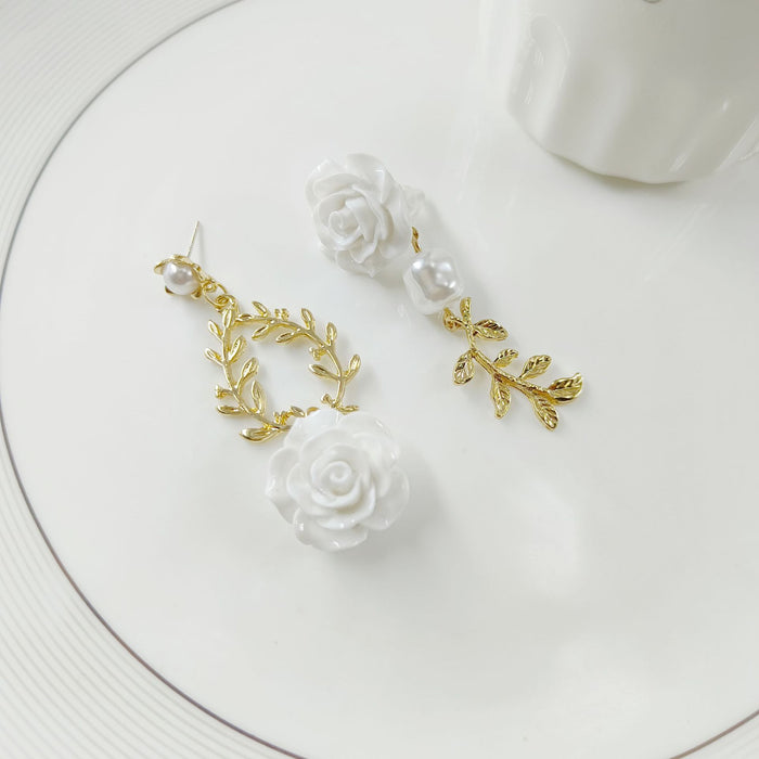 Wholesale S925 Silver Needle Asymmetric Pearl Rose Flower Earrings JDC-ES-HZQ010