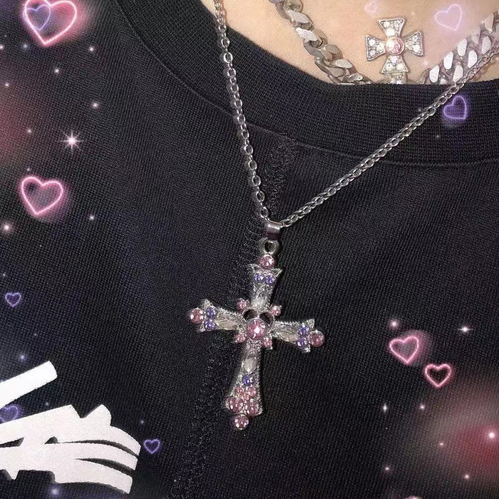 Wholesale Gothic Pink Zircon Cross Necklace MOQ≥2 JDC-NE-MengX002