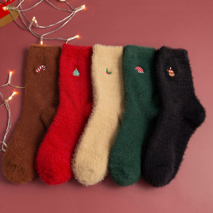 Wholesale Fuzzy Socks Coral Fleece Medium Tube Sweat Absorption Plus Fleece Cute Christmas MOQ≥2 JDC-SK-YiRou001