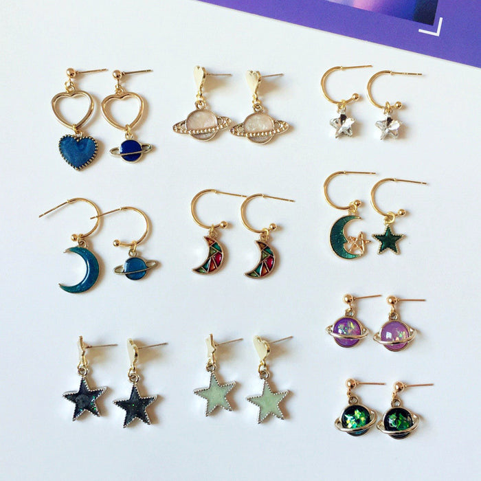 Wholesale Pentagram Moon Asymmetric Alloy Silver Stud Earrings MOQ≥2 JDC-ES-Lexx001