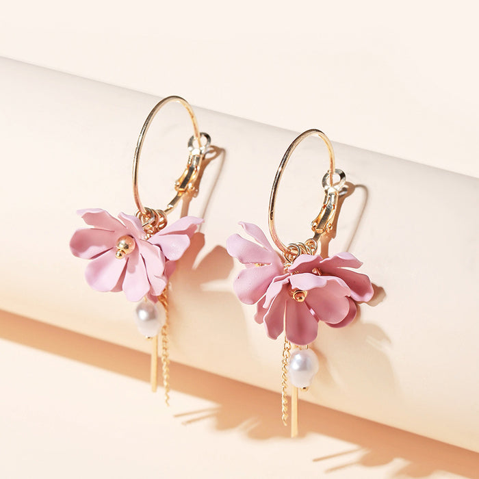 Wholesale Earrings Alloy Pink Flowers Tassel Pearls MQO≥2 JDC-ES-lingg023