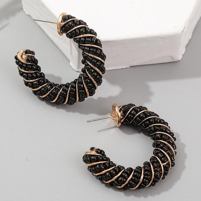 Wholesale Bohemian C Shape Rice Bead Braided Resin Alloy Earrings MOQ≥2 JDC-ES-OuZhe001