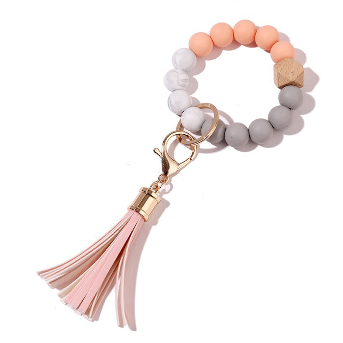 Jewelry WholesaleWholesale Silicone Bead Bracelet Wooden Bead Tassel Keychain JDC-KC-JinHan001 Keychains 金涵 %variant_option1% %variant_option2% %variant_option3%  Factory Price JoyasDeChina Joyas De China