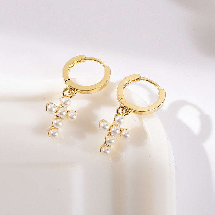 Wholesale Pearl Ear Buckles Geometric Cross Earrings JDC-ES-lianxin008