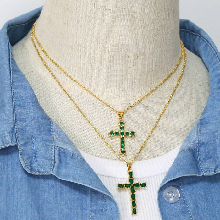 Wholesale Necklace Copper Plated 18K Gold Zircon Emerald Cross JDC-PREMAS-NE-016