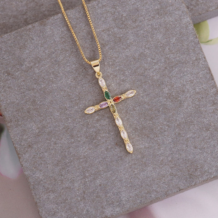 Wholesale Copper Micro Inlaid Zircon Cross Pendant Personality 18K Gold Necklace JDC-NE-Bingm021