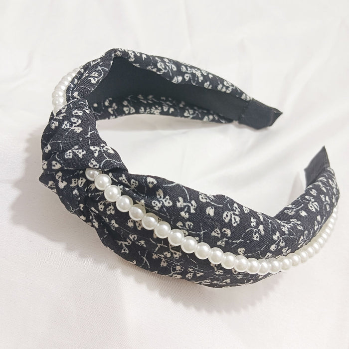 Wholesale Breathable Floral With Pearl Double Knotted Pleated Wide Headband JDC-HD-TangYun002